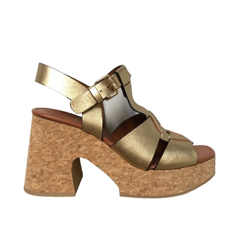 ME & EM T Bar Cork Platform Sandals Womens 41 11 Gold Leather Fisherman Heels - Picture 9 of 15